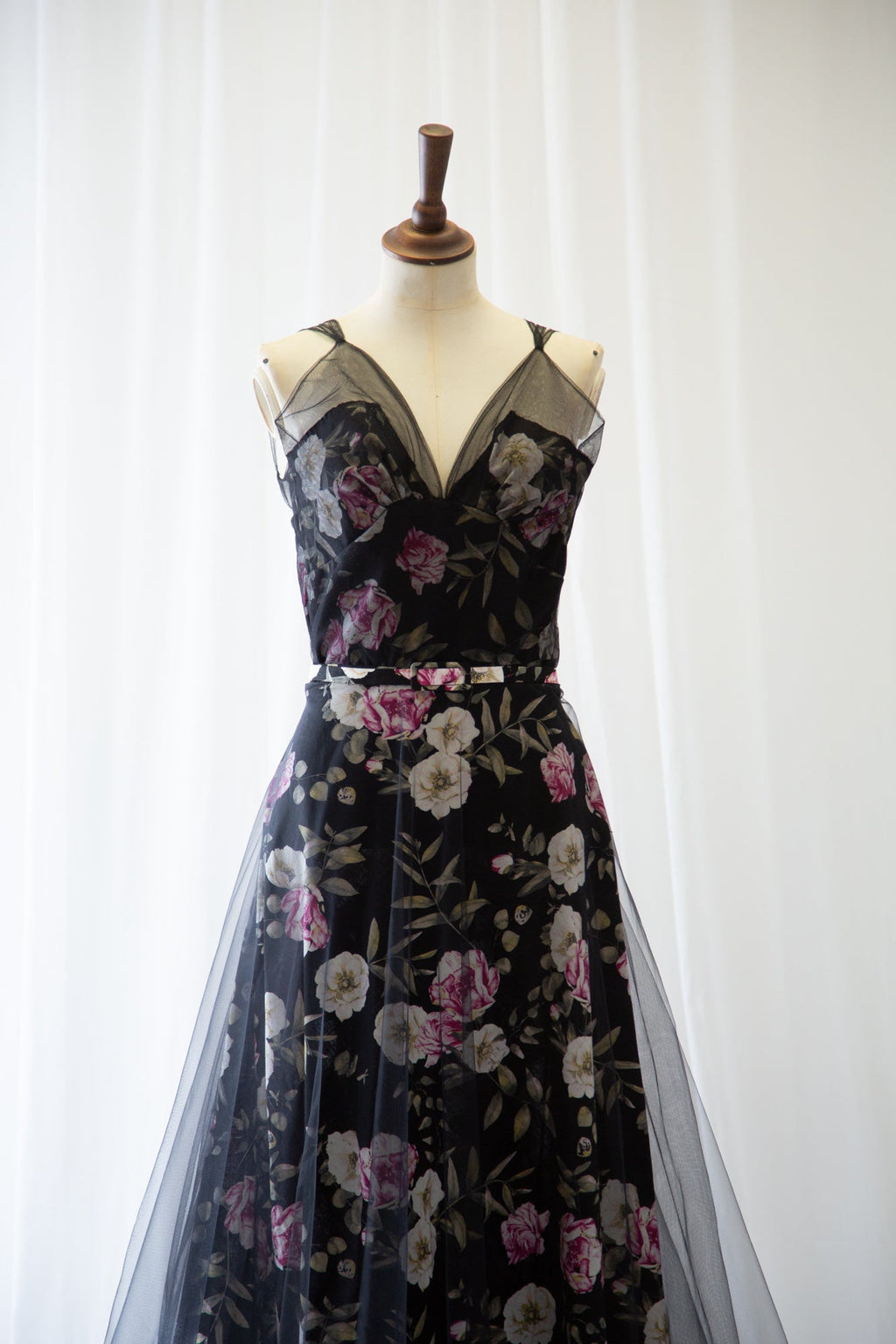 Black Floral Linen and Tulle Gown