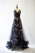 Black Floral Linen and Tulle Gown