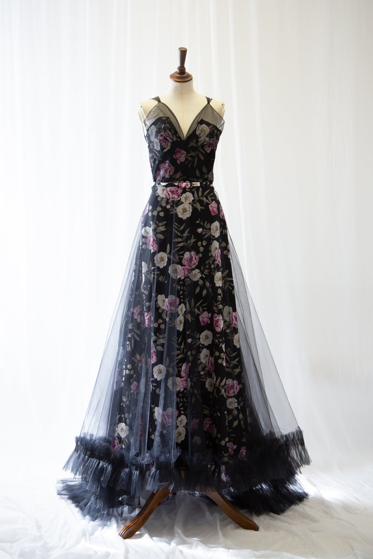 Black Floral Linen and Tulle Gown