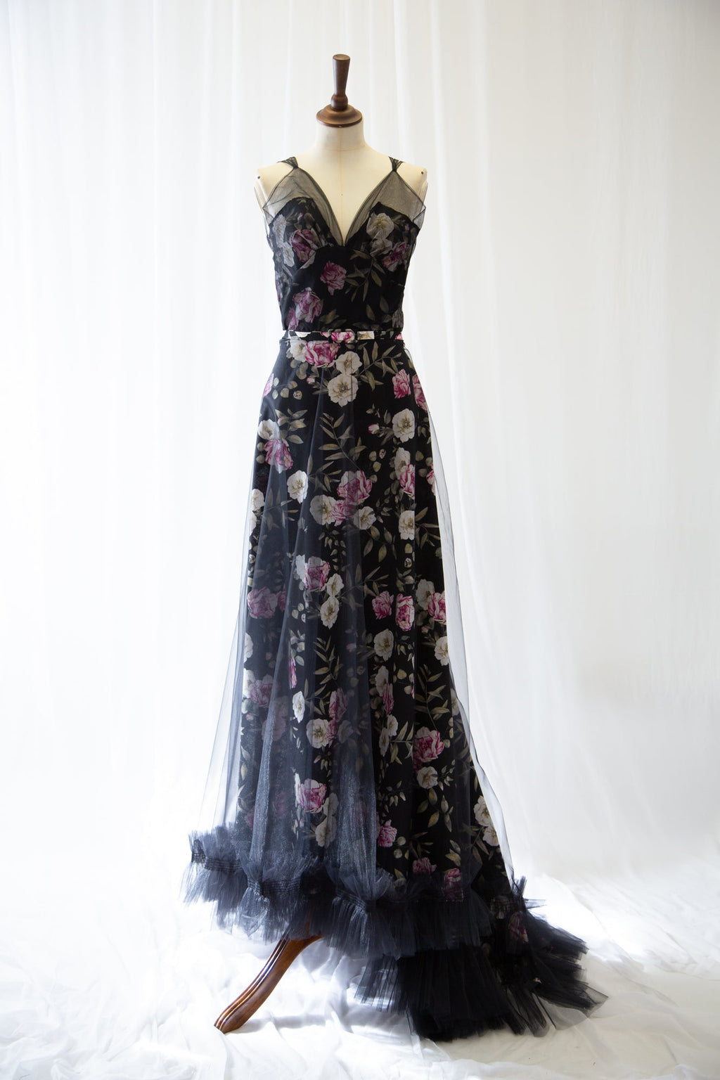 Black Floral Linen and Tulle Gown