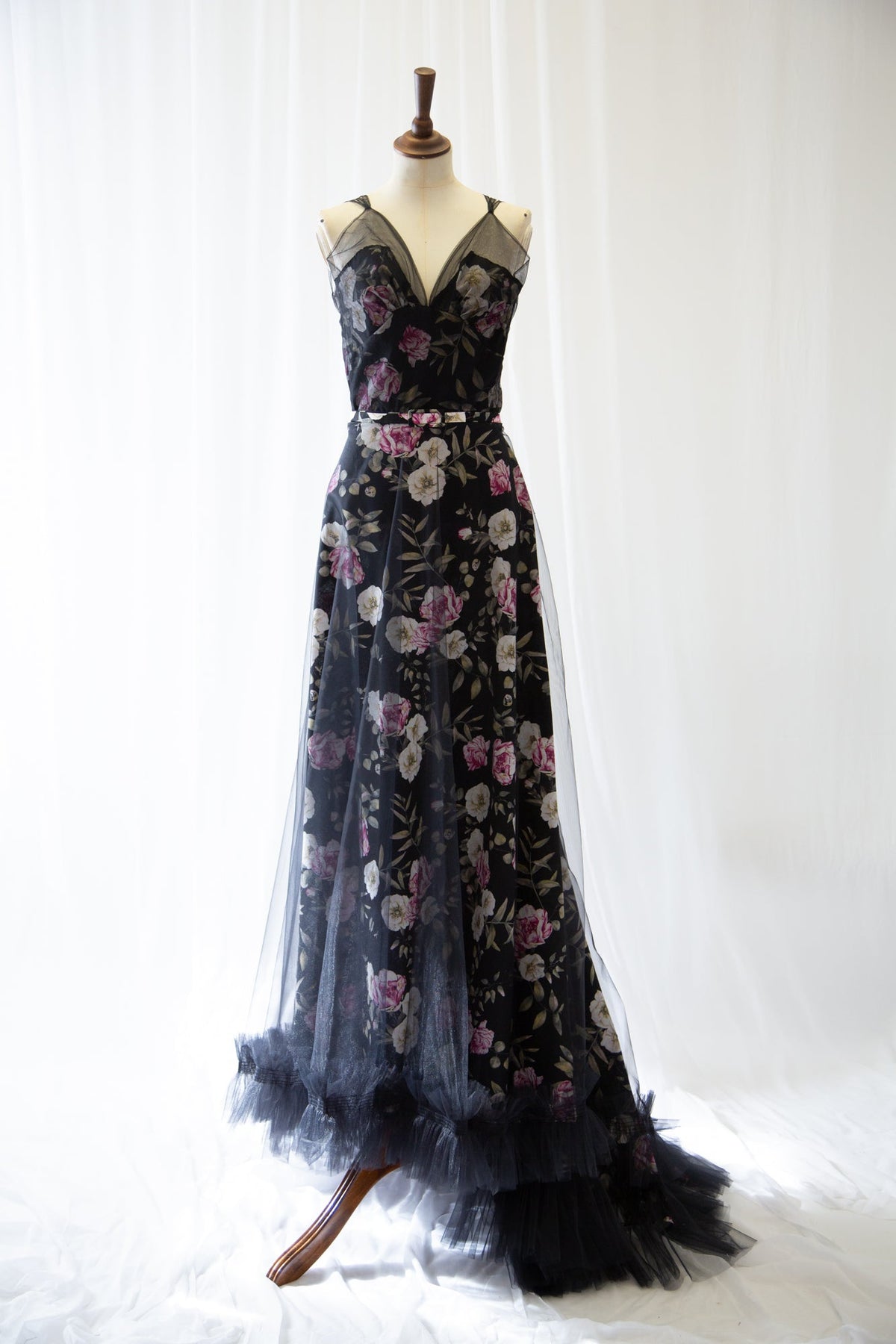 Black Floral Linen and Tulle Gown