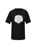 Black Cotton T-Shirt With White Sequin Rose