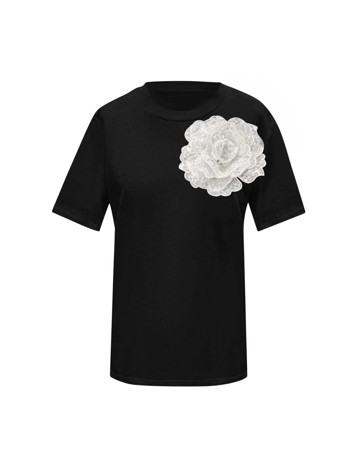 Black Cotton T-Shirt With White Sided Rose