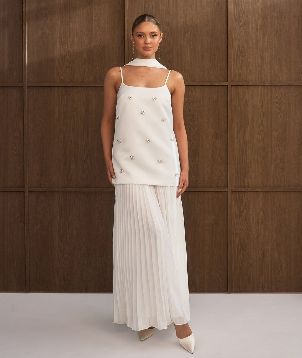Pearl Embellished Maxi Dress with Neck Scarf - White