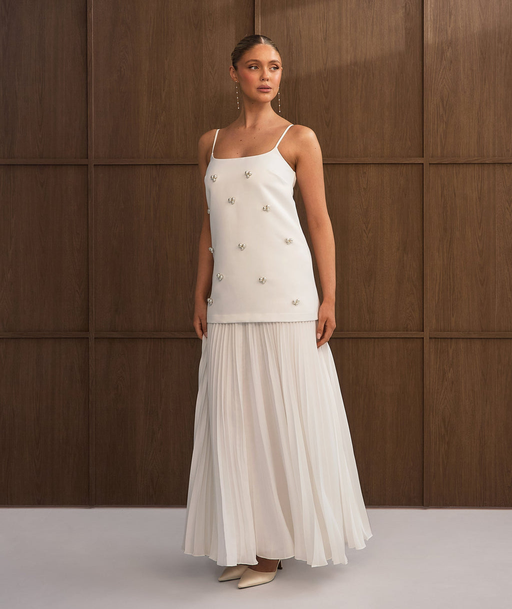 Pearl Embellished Maxi Dress with Neck Scarf - White