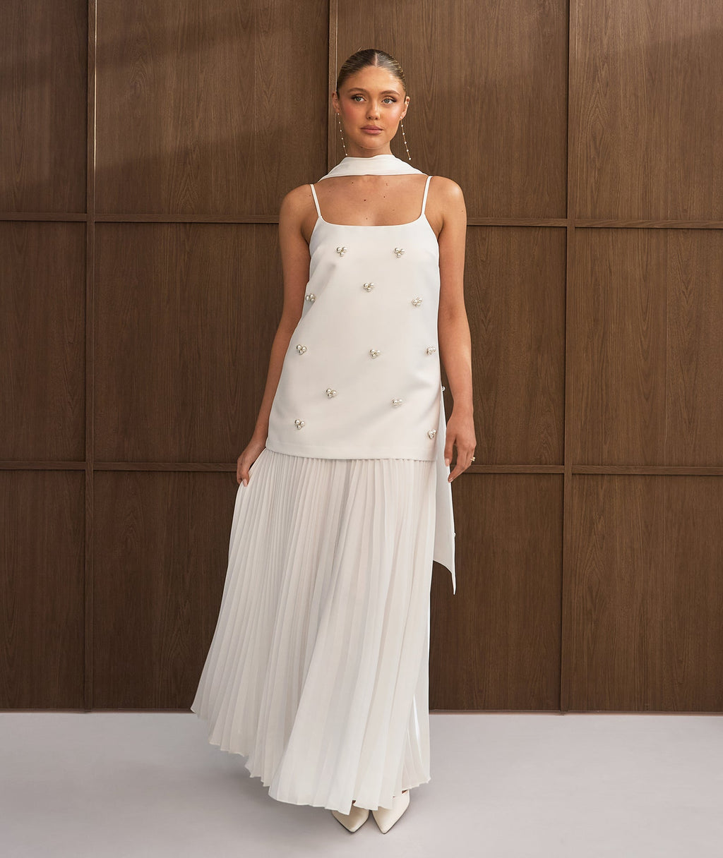 Pearl Embellished Maxi Dress with Neck Scarf - White