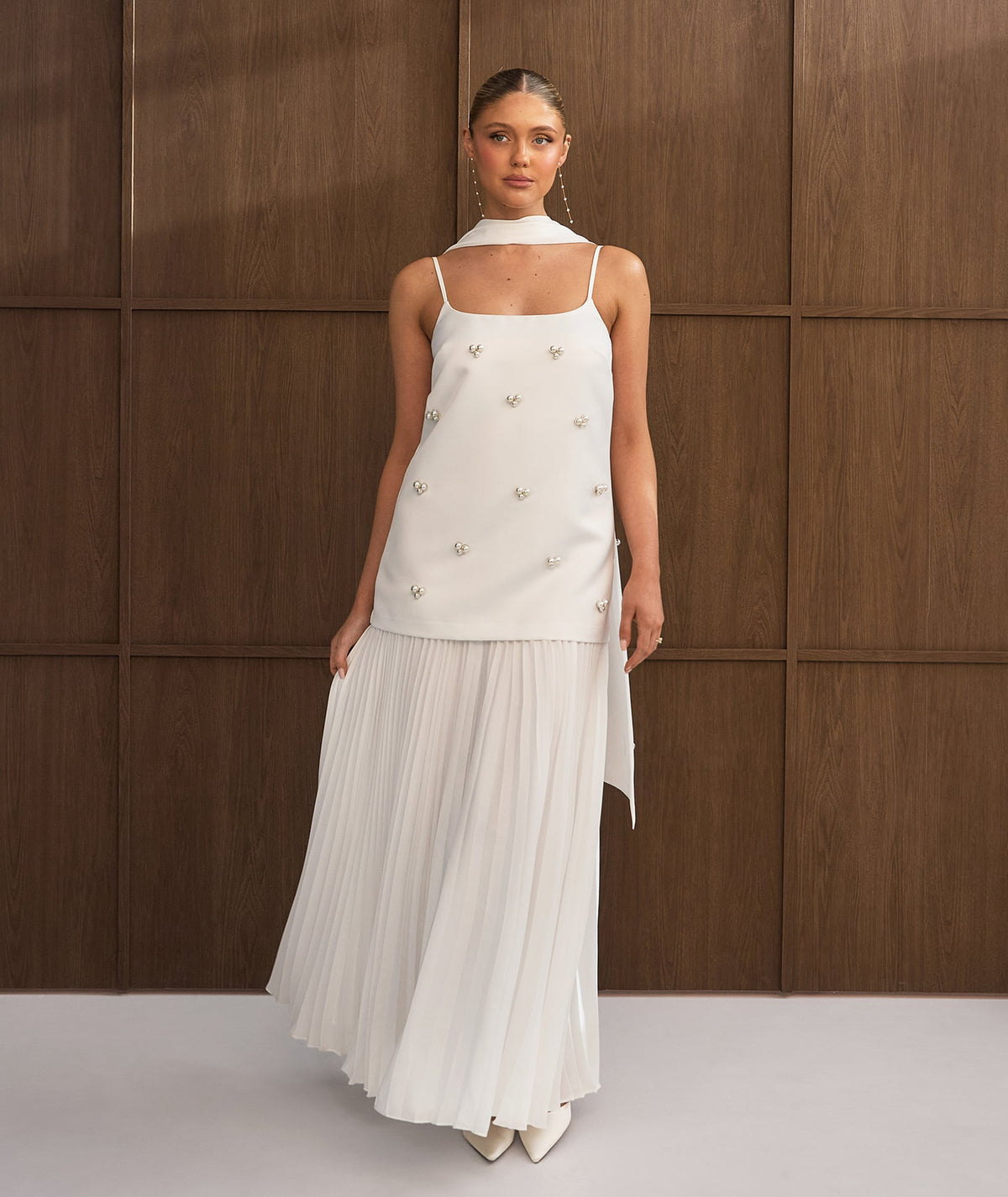 Pearl Embellished Maxi Dress with Neck Scarf - White