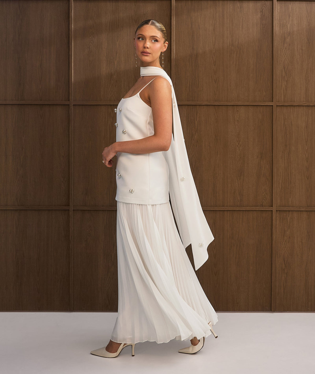 Pearl Embellished Maxi Dress with Neck Scarf - White