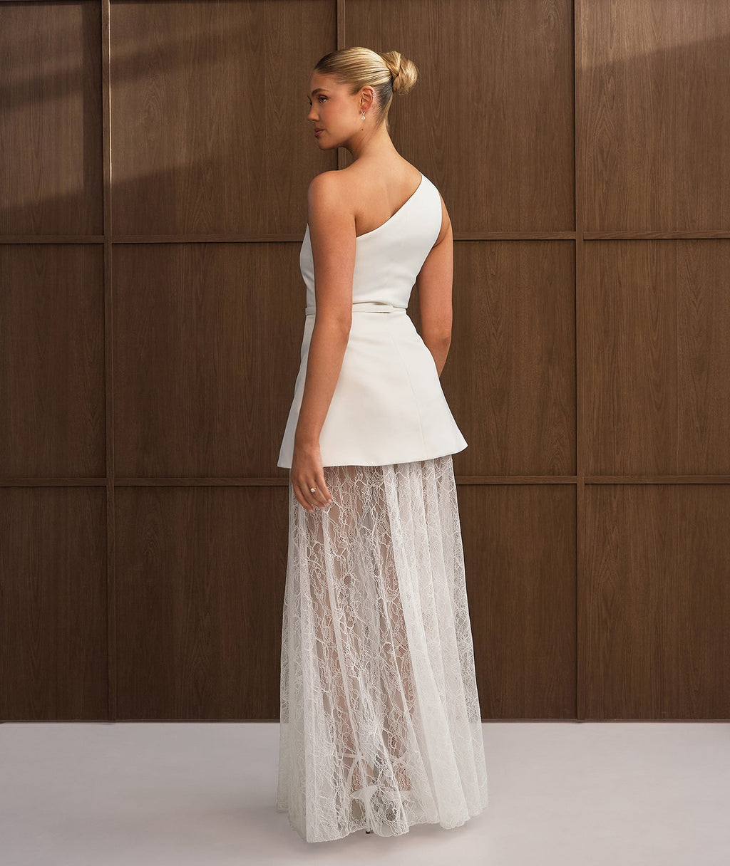 One Shoulder Satin Dress with Lace Skirt - White
