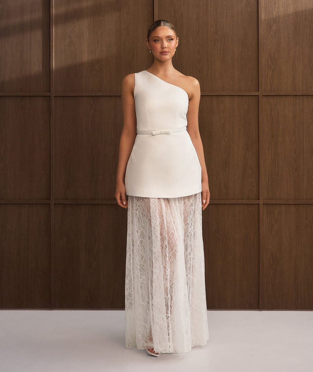 One Shoulder Satin Dress with Lace Skirt - White