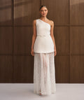 One Shoulder Satin Dress with Lace Skirt - White