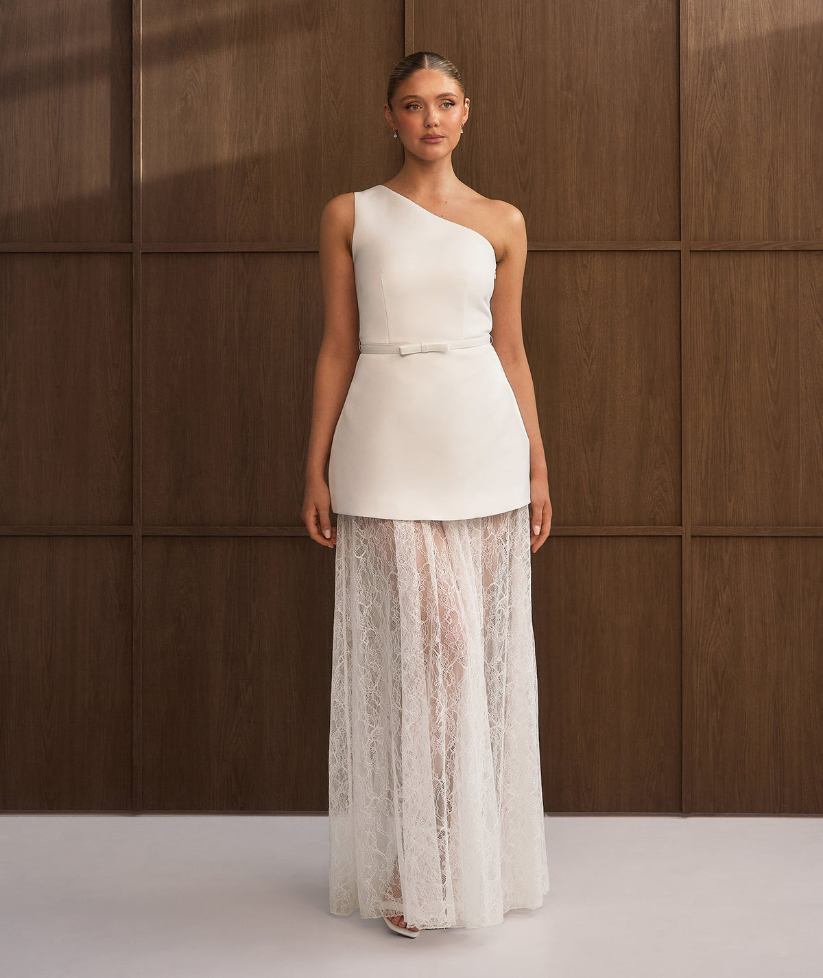 One Shoulder Satin Dress with Lace Skirt - White