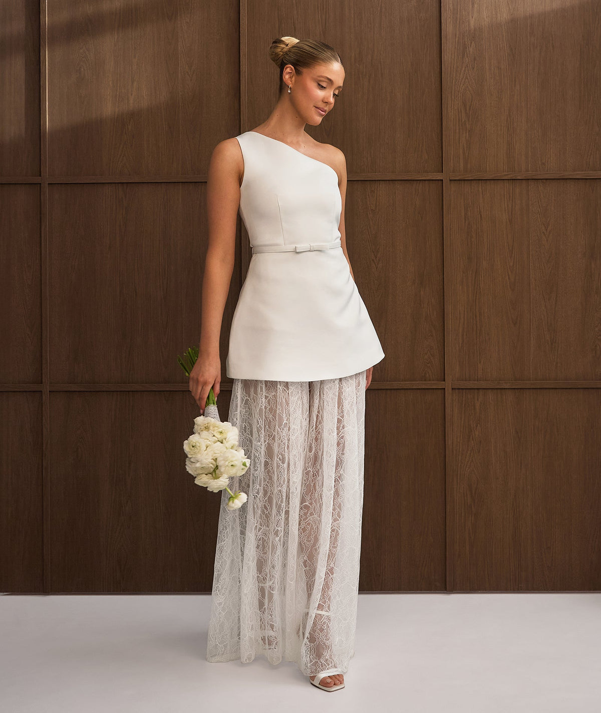 One Shoulder Satin Dress with Lace Skirt - White
