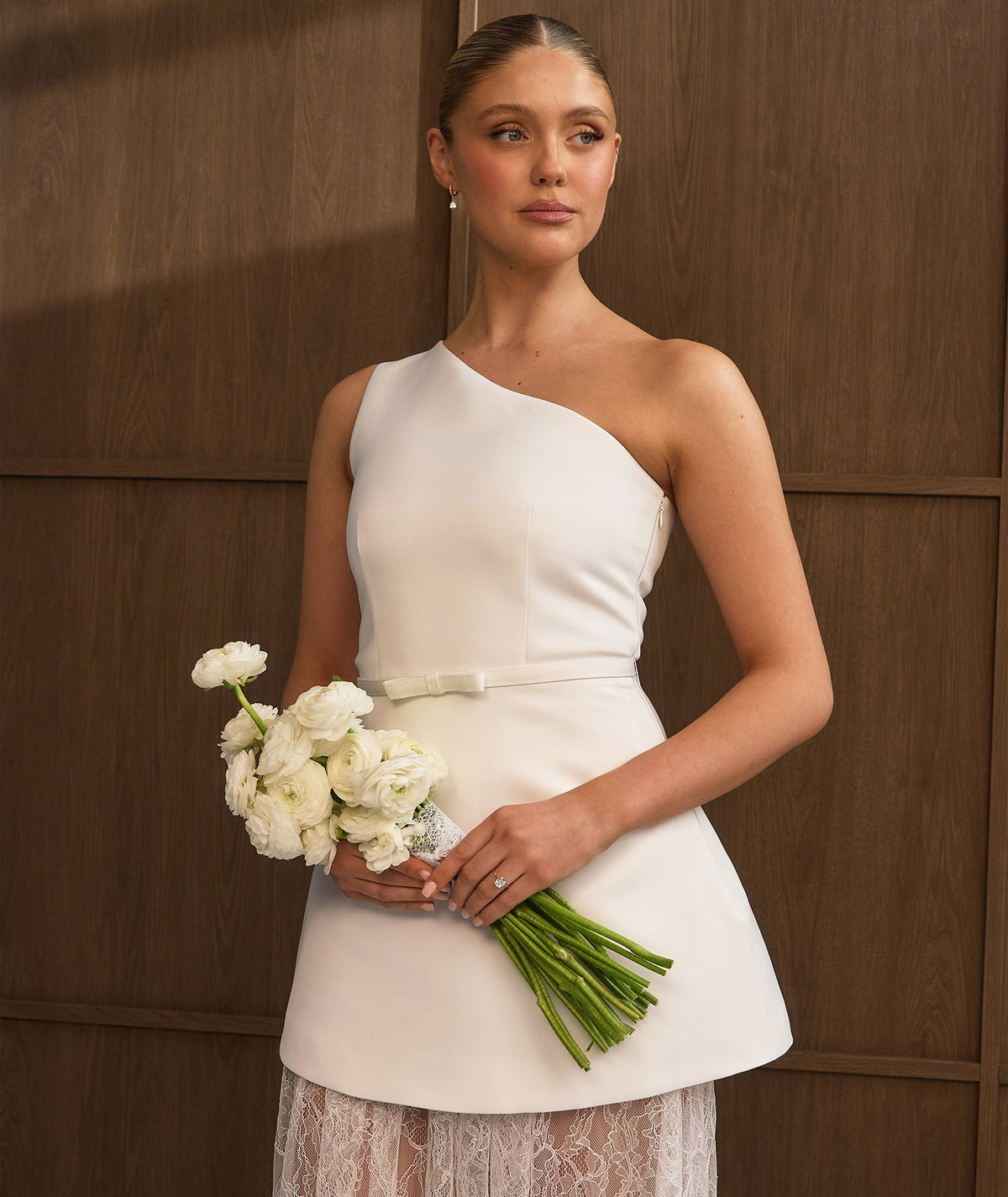 One Shoulder Satin Dress with Lace Skirt - White