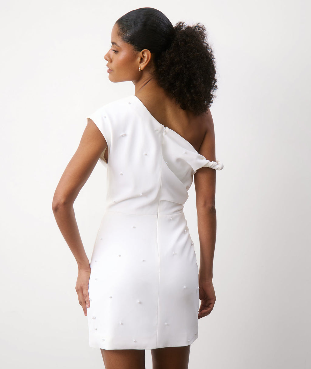 Pearl Trim Asymmetric Bardot Mini Dress - White