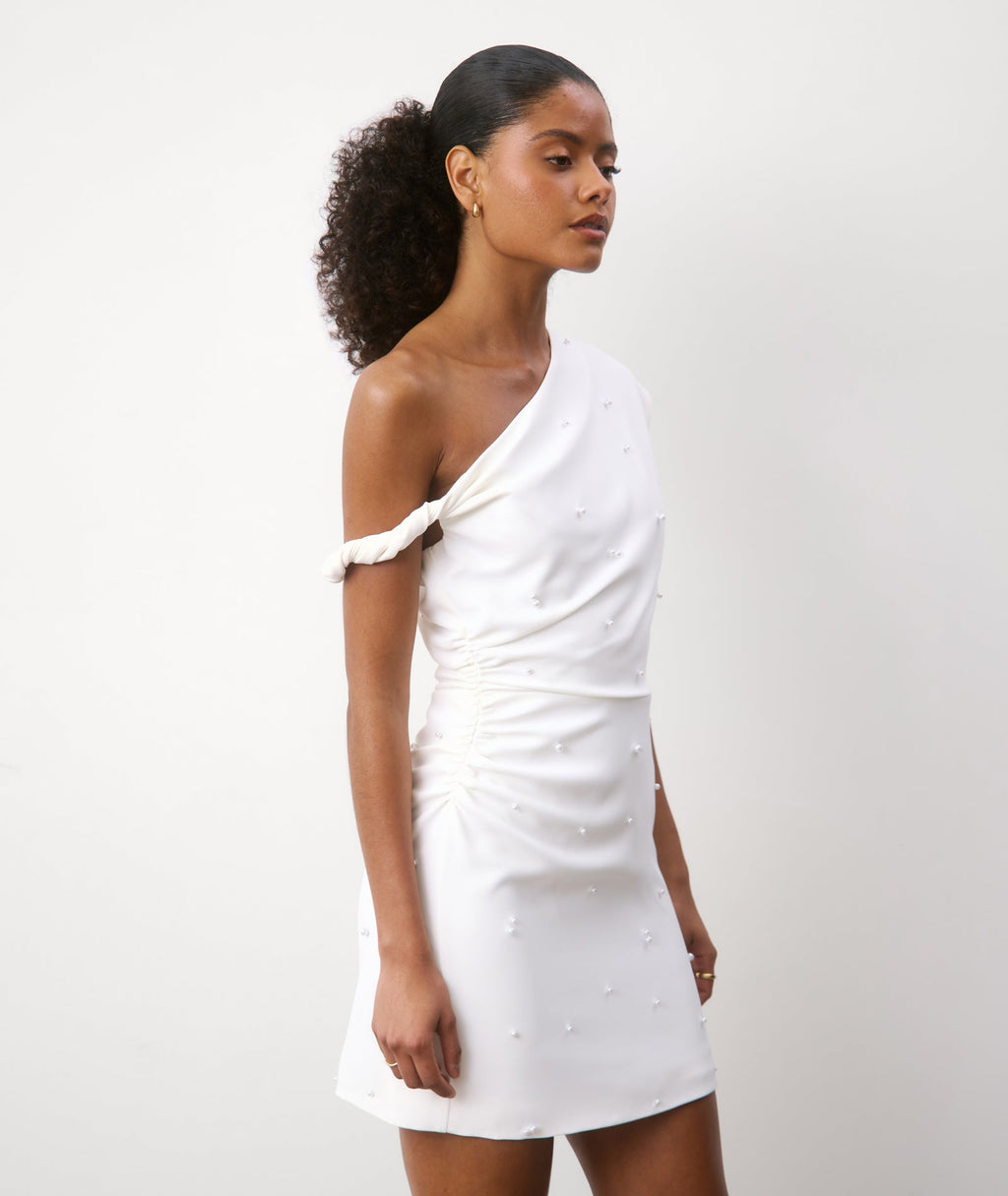 Pearl Trim Asymmetric Bardot Mini Dress - White