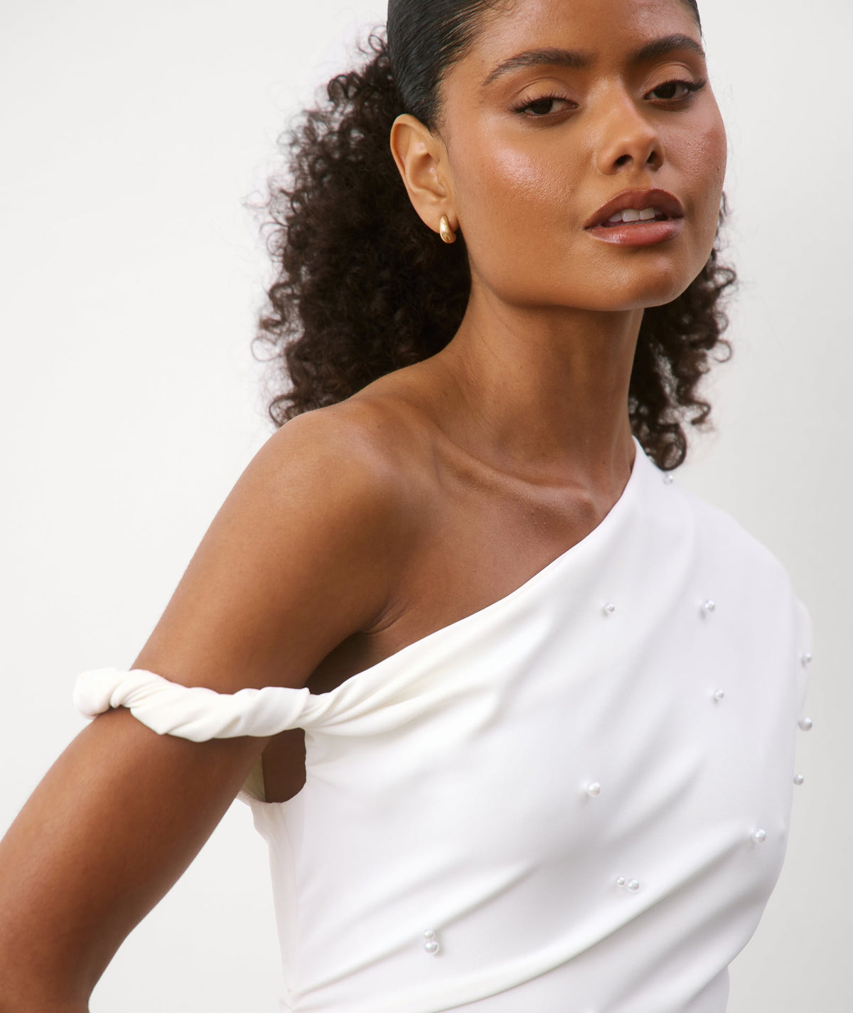 Pearl Trim Asymmetric Bardot Mini Dress - White