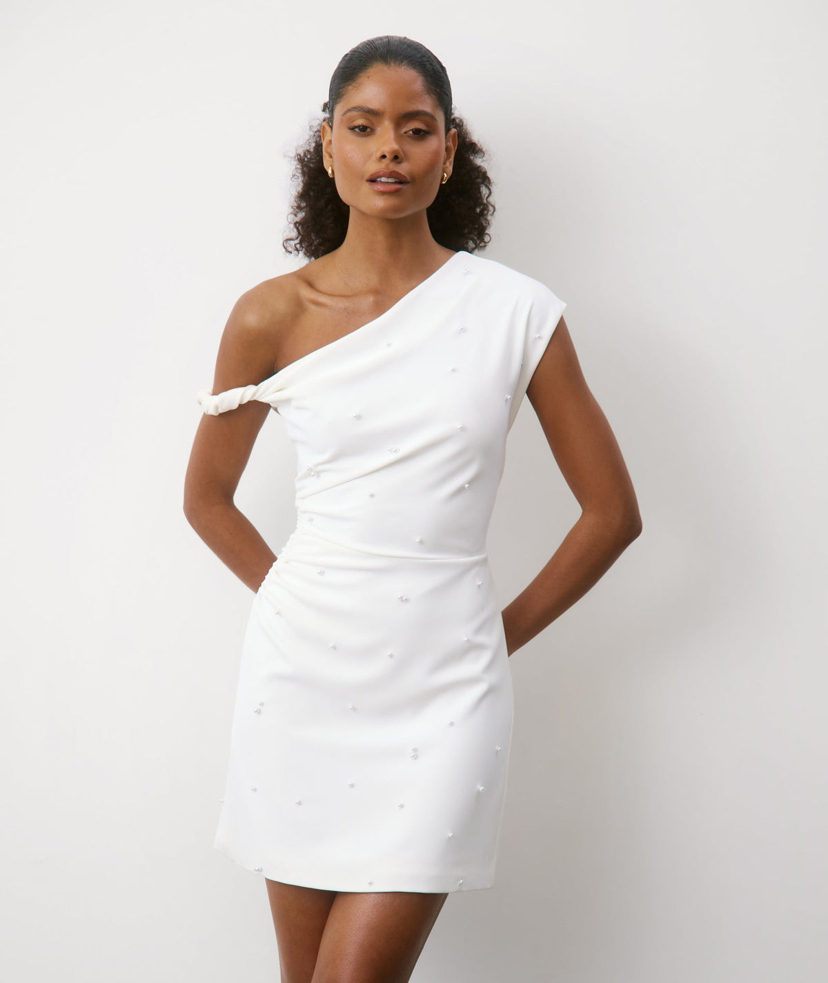 Pearl Trim Asymmetric Bardot Mini Dress - White