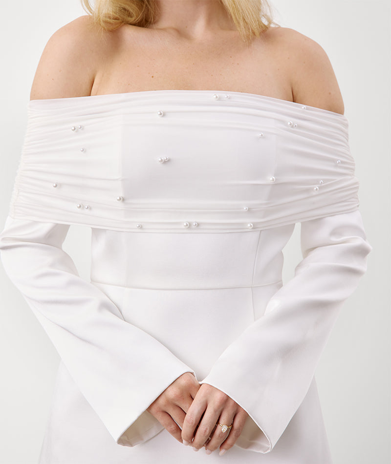 Pearl Trim Bardot Mini Dress - White
