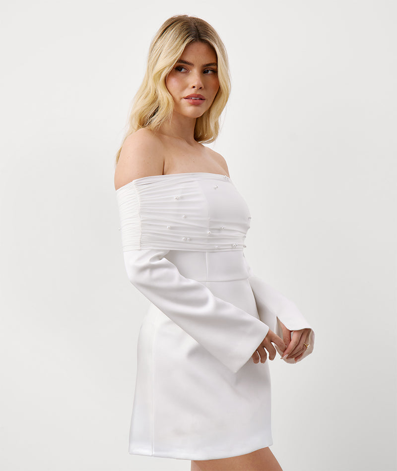 Pearl Trim Bardot Mini Dress - White
