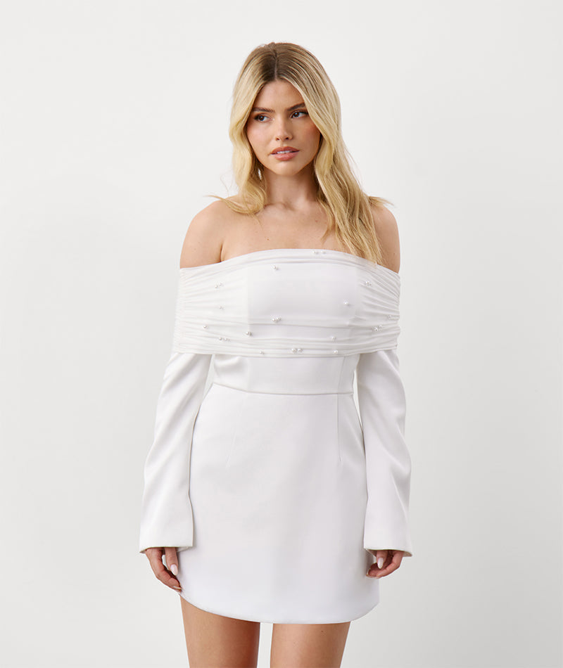 Pearl Trim Bardot Mini Dress - White