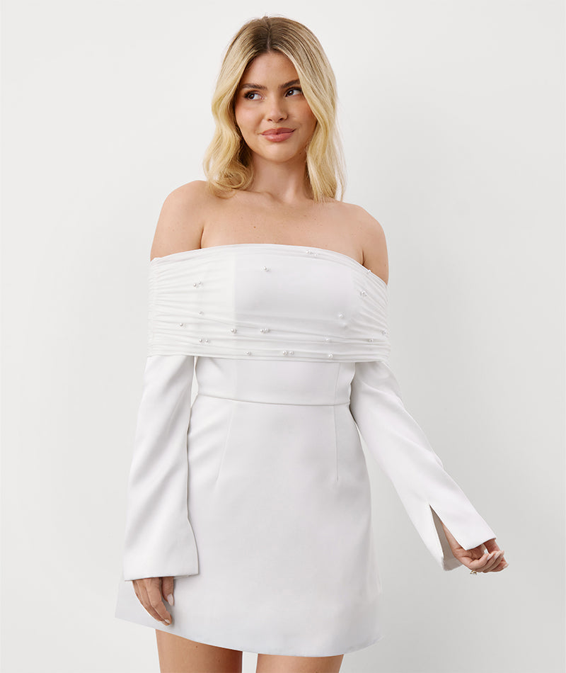 Pearl Trim Bardot Mini Dress - White