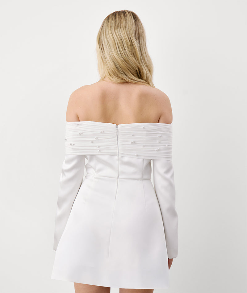 Pearl Trim Bardot Mini Dress - White