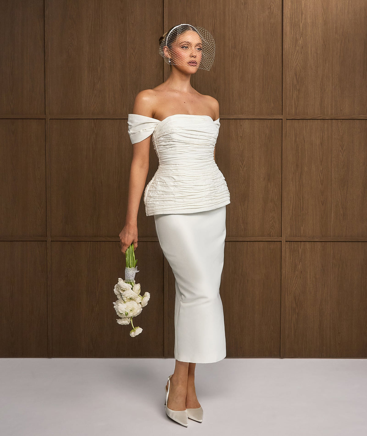 Bardot Peplum Midi Dress - Ivory