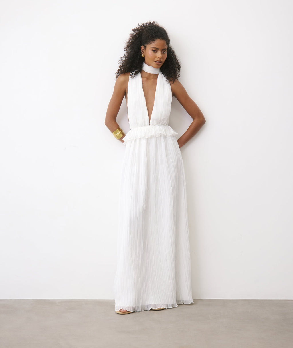 Pleated Plunge Maxi Dress - Ivory