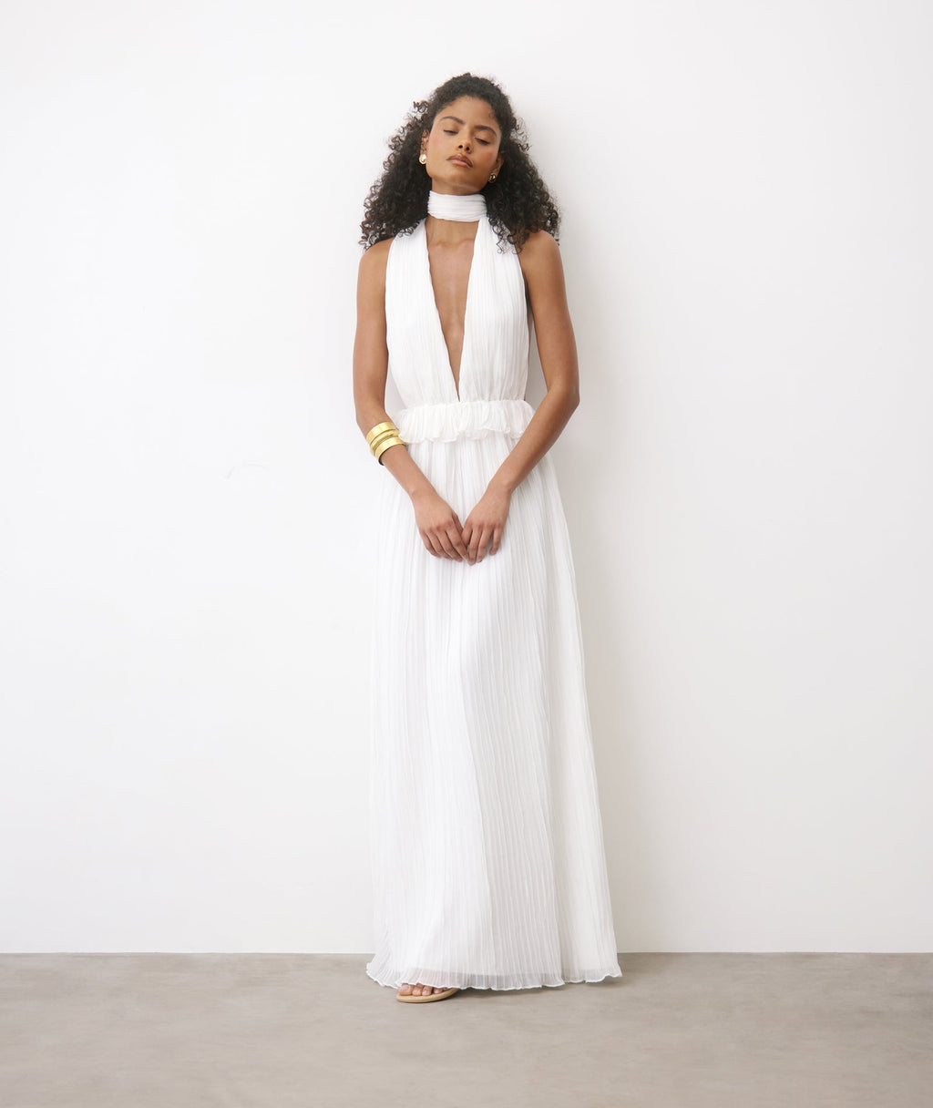 Pleated Plunge Maxi Dress - Ivory
