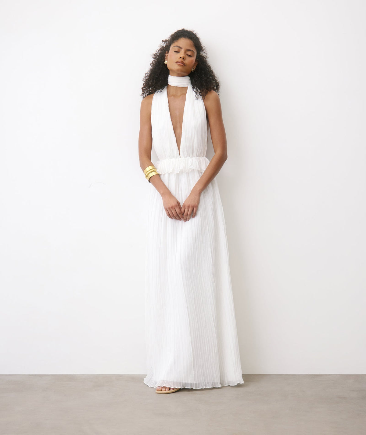 Pleated Plunge Maxi Dress - Ivory