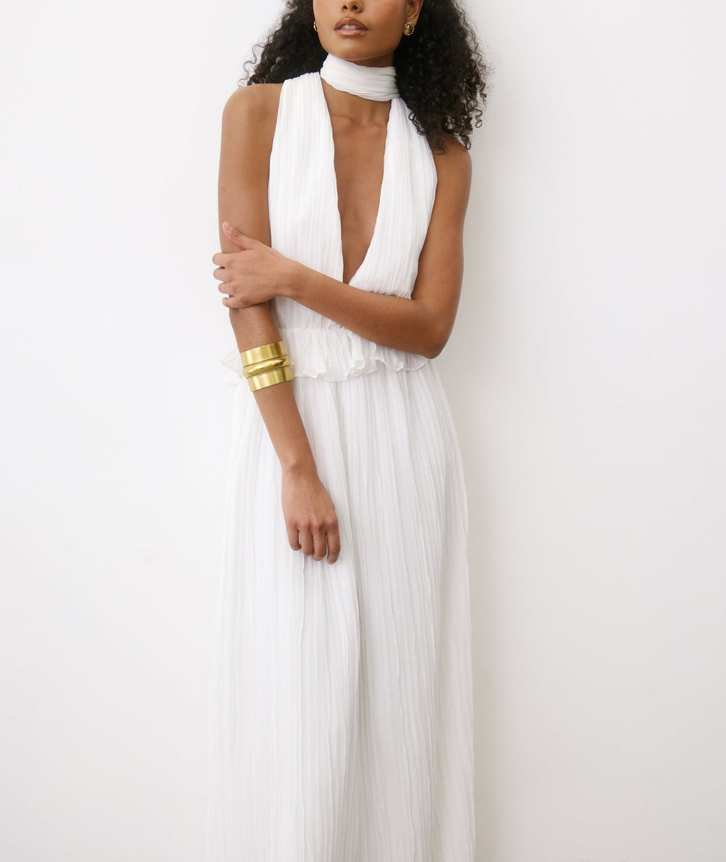 Pleated Plunge Maxi Dress - Ivory