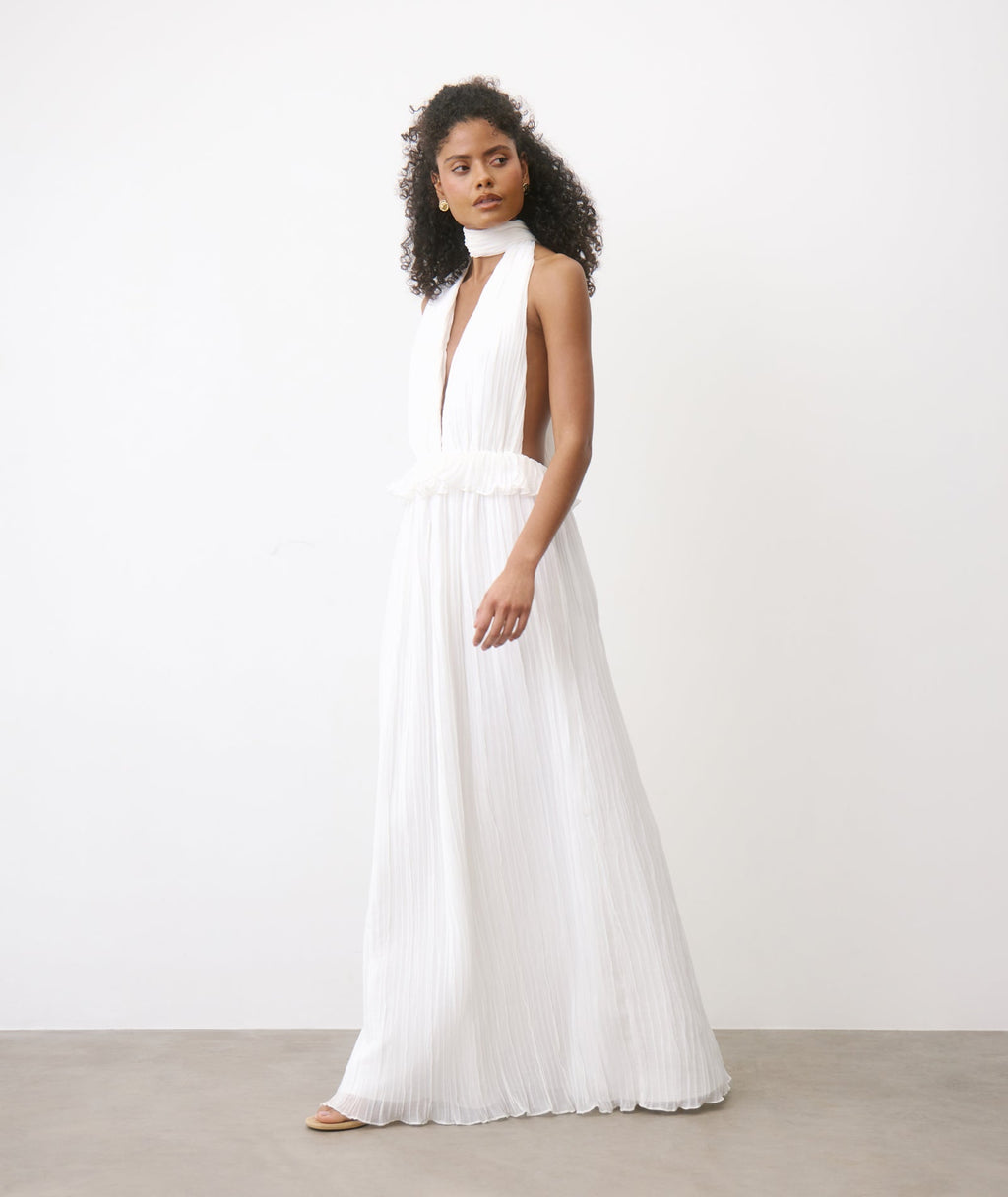 Pleated Plunge Maxi Dress - Ivory