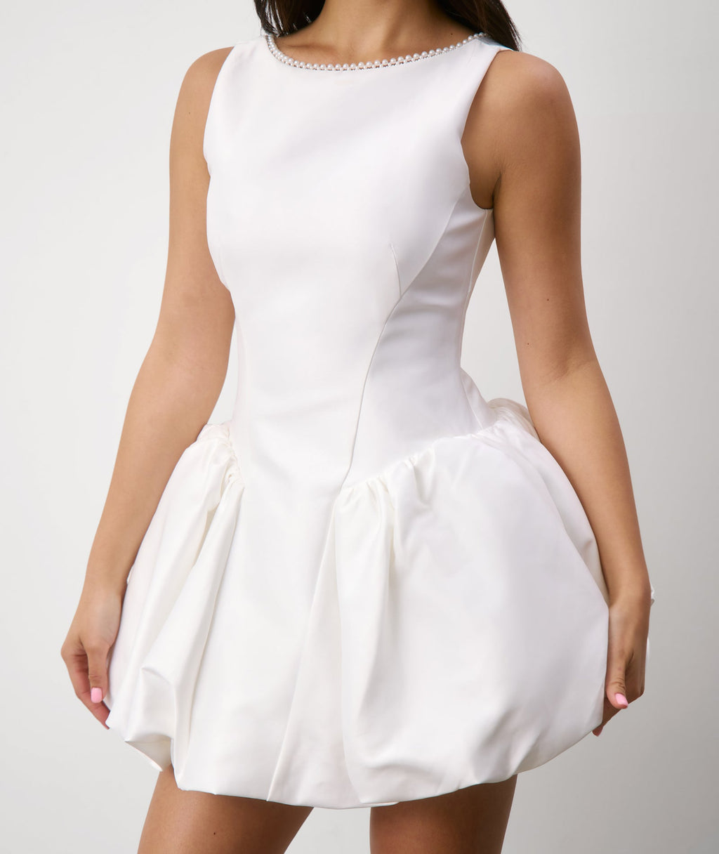Pearl Trim Bubble Hem Mini Dress - White