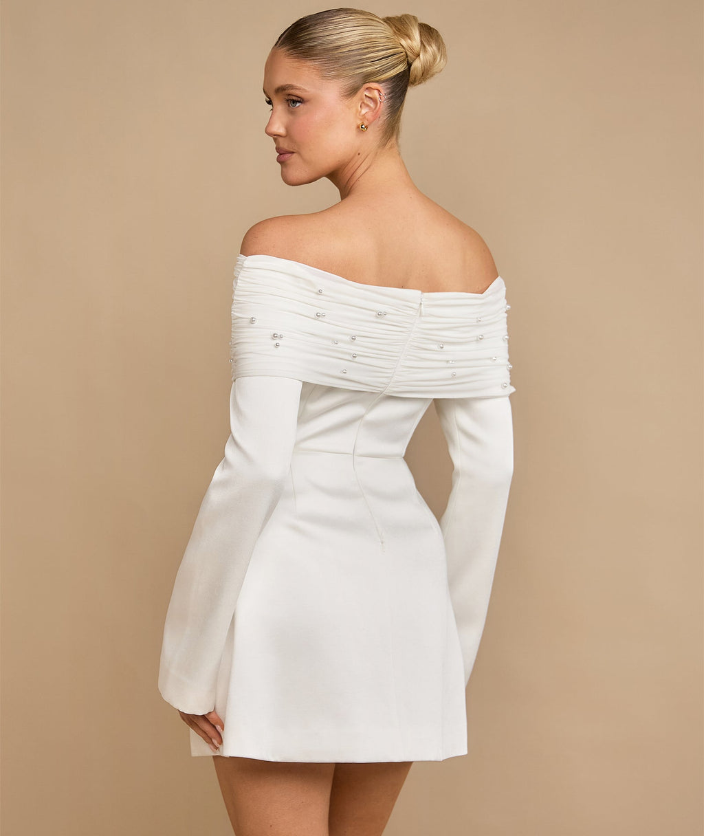 Petite Pearl Trim Bardot Mini Dress - White