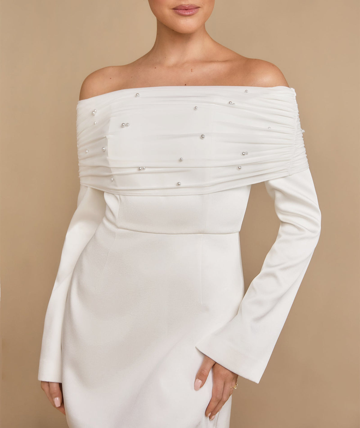 Petite Pearl Trim Bardot Mini Dress - White