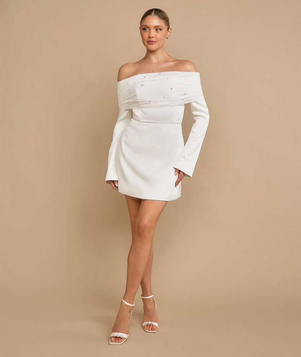Petite Pearl Trim Bardot Mini Dress - White