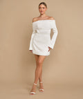 Petite Pearl Trim Bardot Mini Dress - White