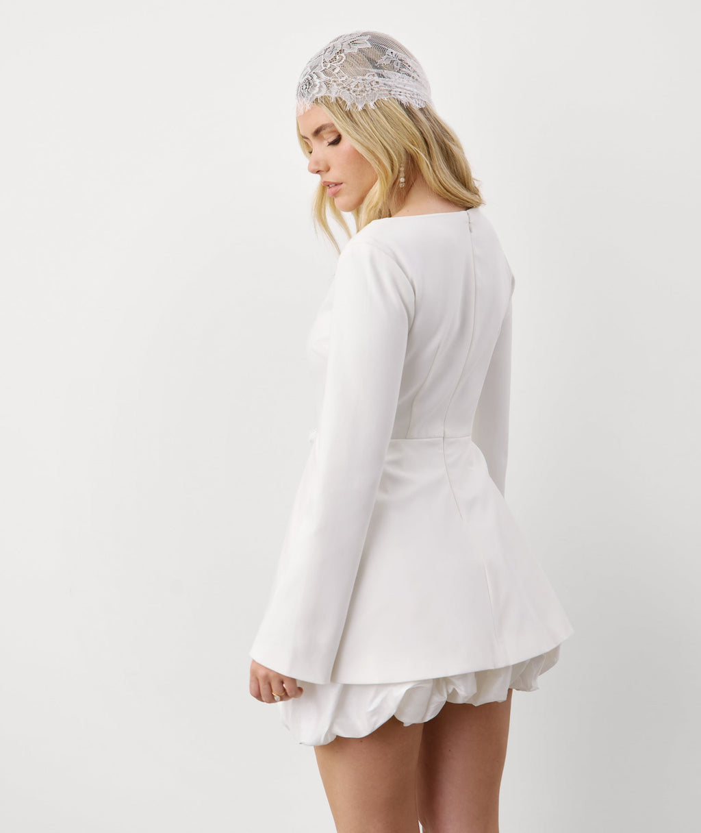 Split Sleeve Bubble Hem Mini Dress - White
