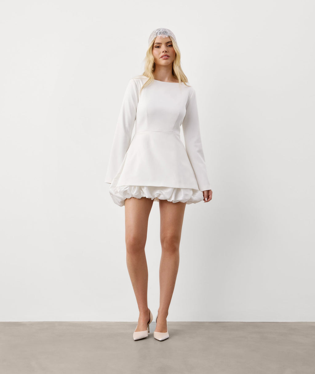 Split Sleeve Bubble Hem Mini Dress - White