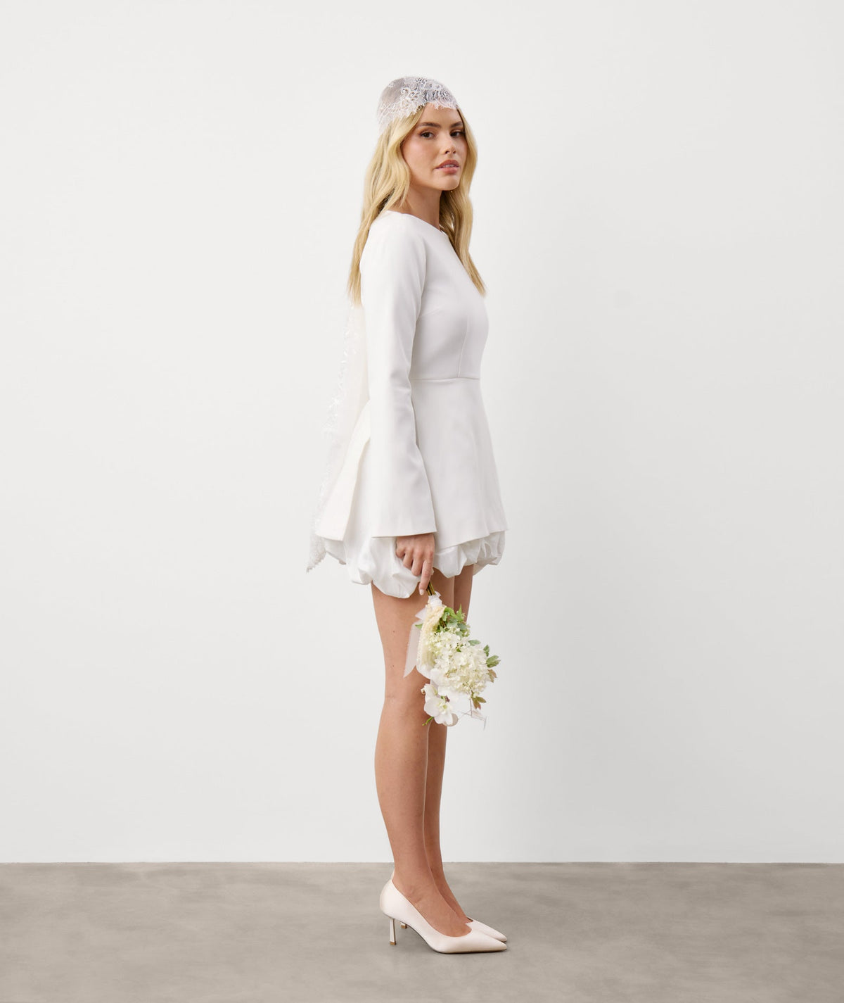 Split Sleeve Bubble Hem Mini Dress - White
