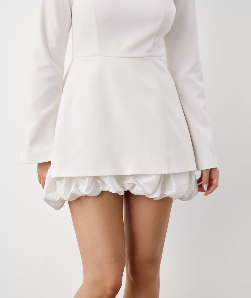 Split Sleeve Bubble Hem Mini Dress - White