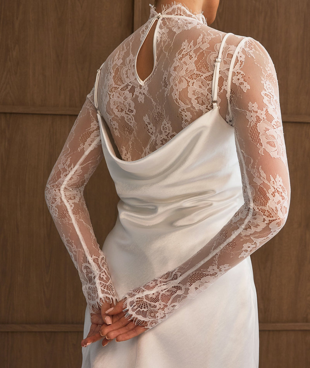 Lace Sleeve Cowl Satin Mini Dress - White