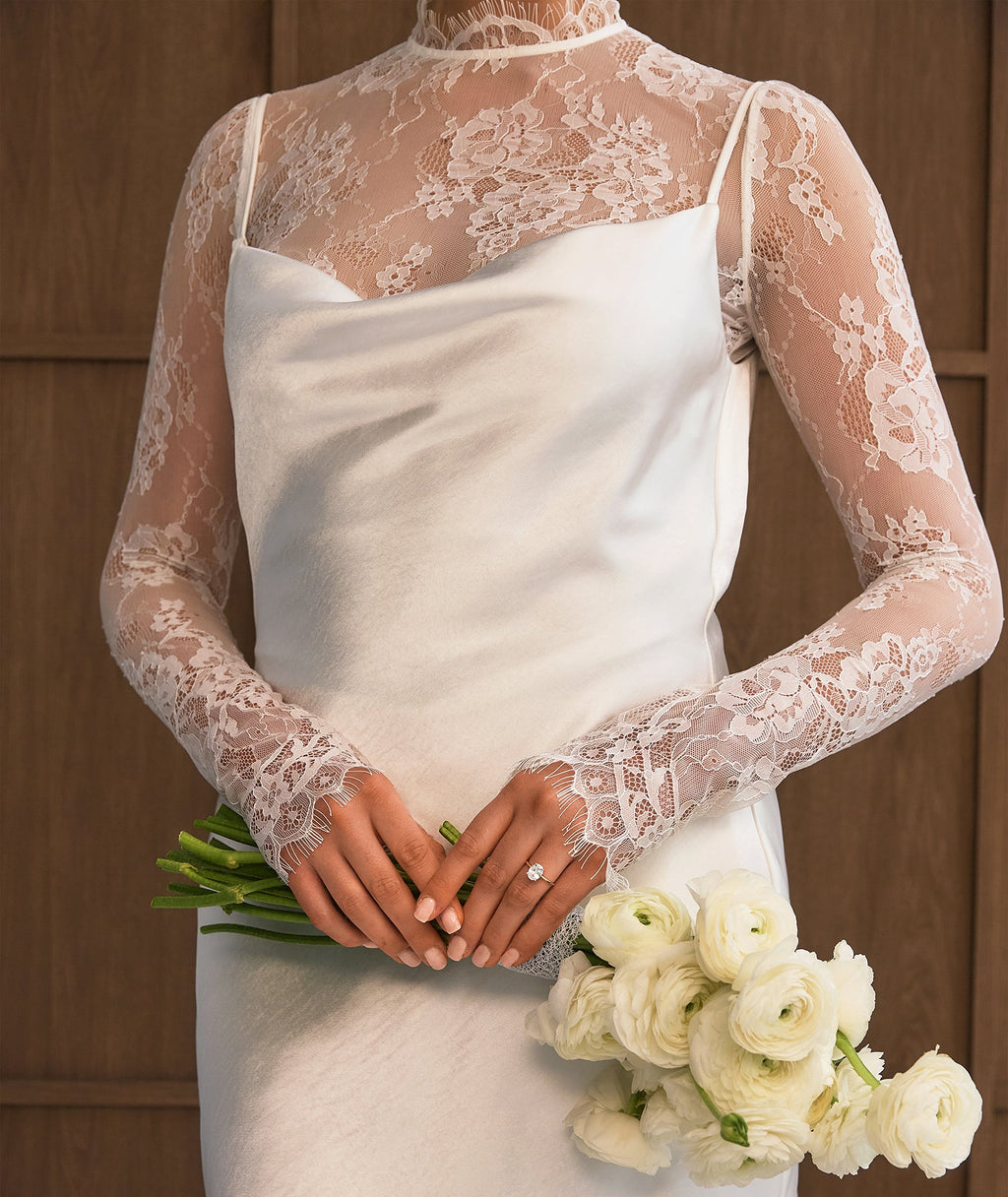Lace Sleeve Cowl Satin Mini Dress - White
