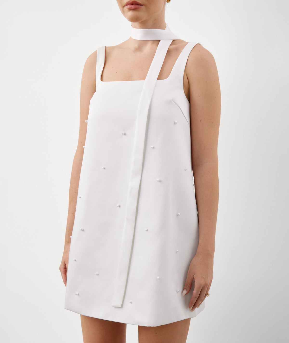 Pearl Scatter Detail Mini Dress with Neck Scarf – White