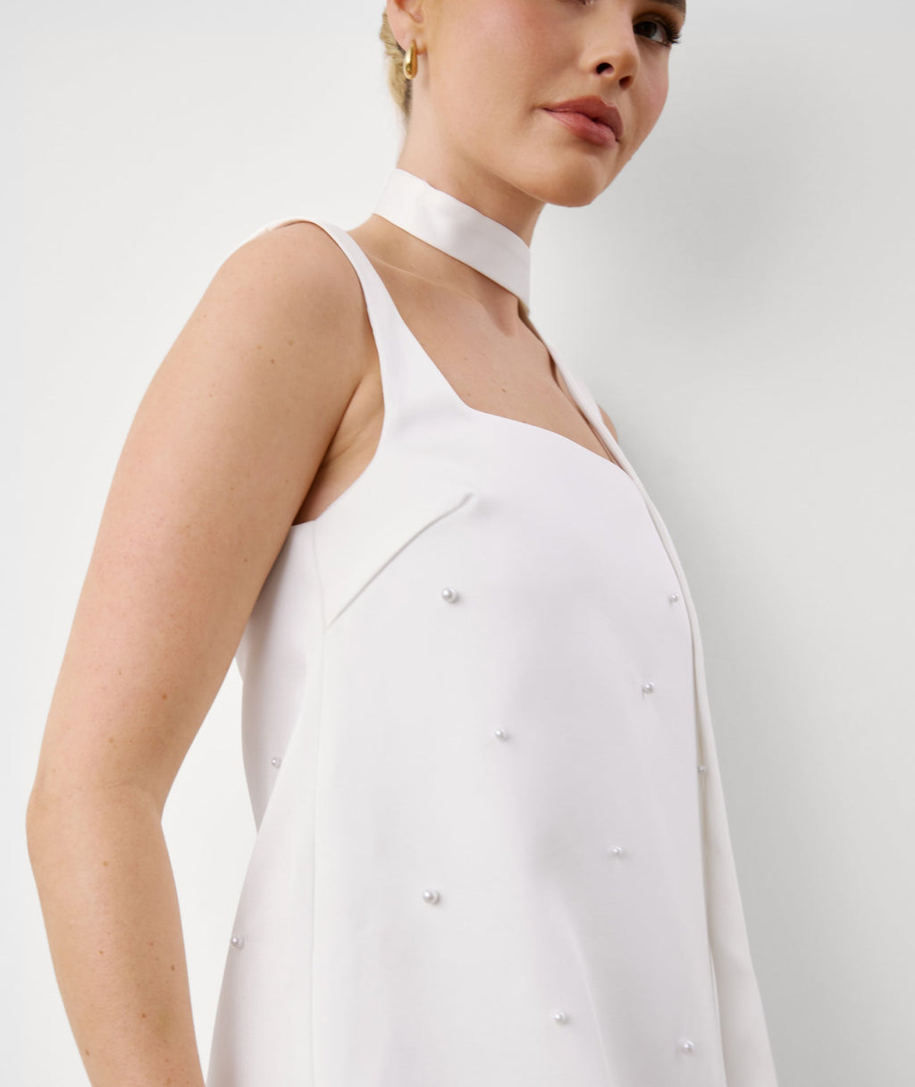 Pearl Scatter Detail Mini Dress with Neck Scarf – White
