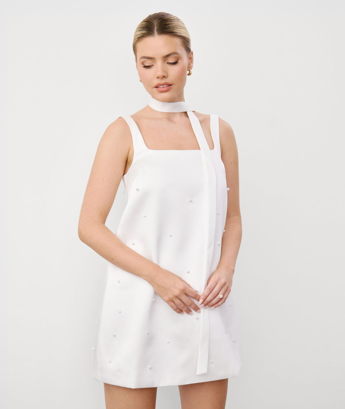 Pearl Scatter Detail Mini Dress with Neck Scarf – White