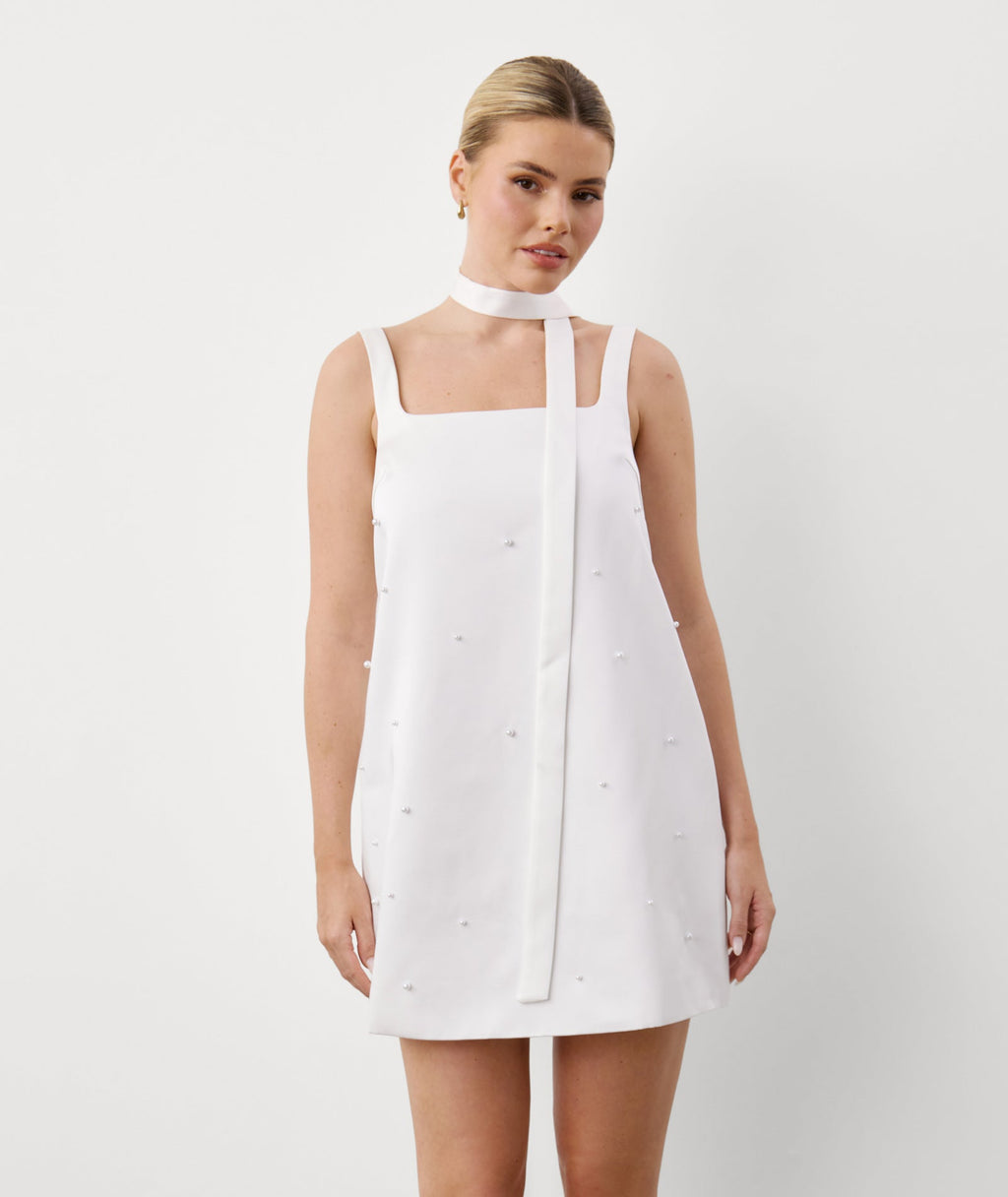 Pearl Scatter Detail Mini Dress with Neck Scarf – White