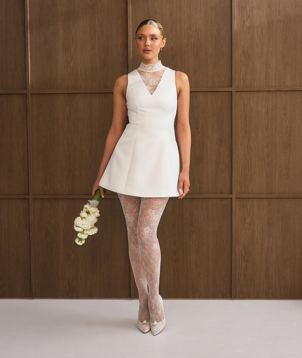 Lace High Neck A-line Mini Dress - White
