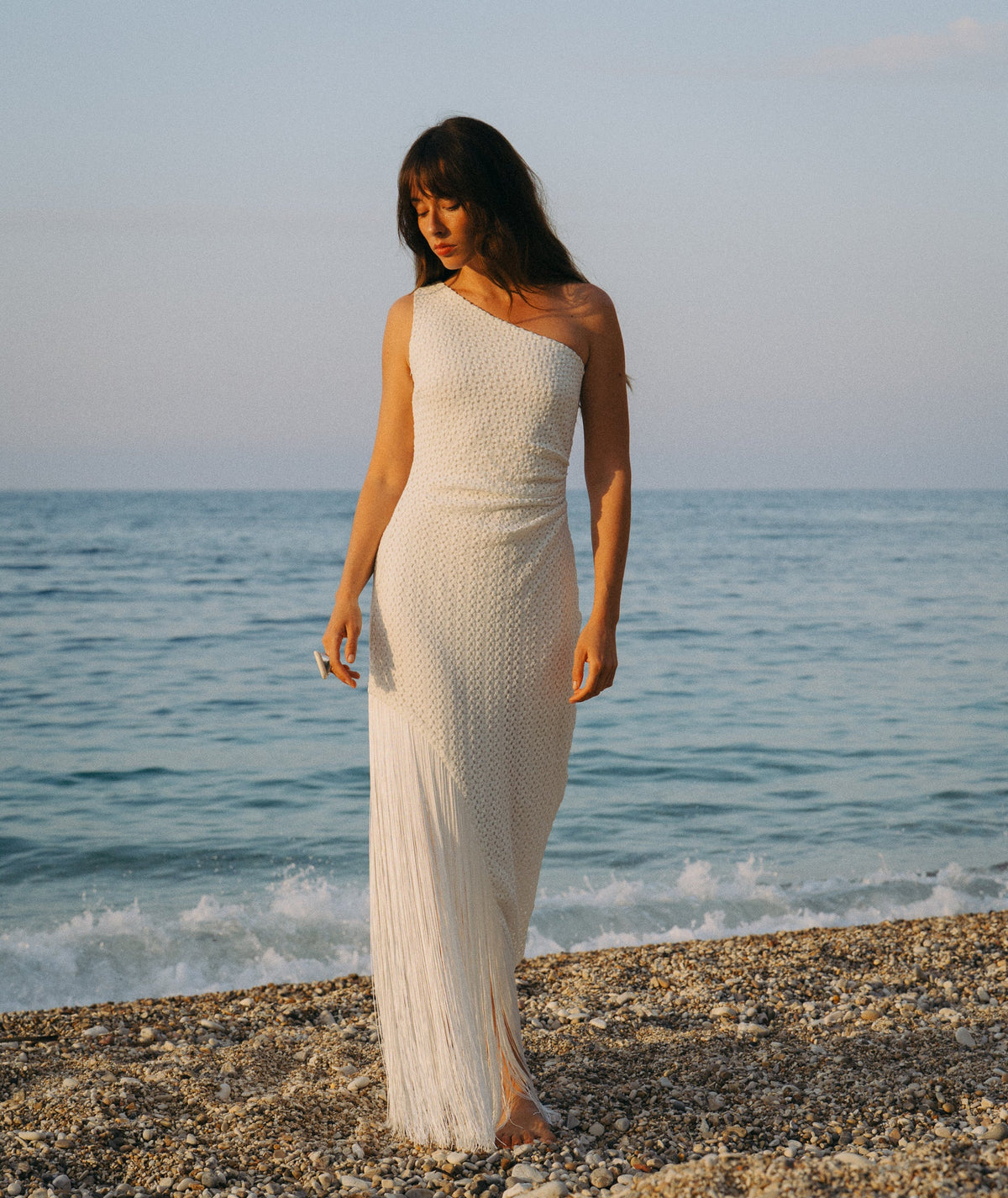Fringe One Shoulder Maxi Dress - White